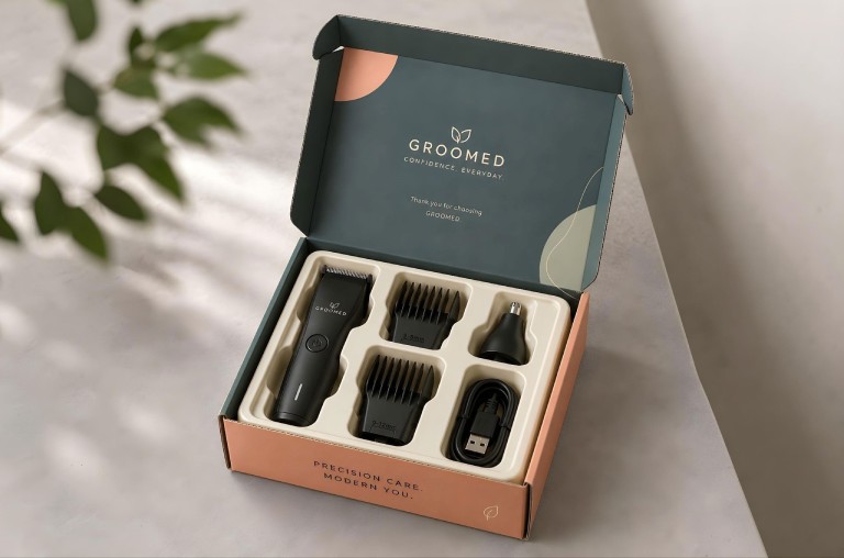 Custom plastic insert inside a custom-printed corrugated mailer box holding electronic grooming products